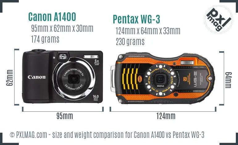 Canon A1400 vs Pentax WG-3 size comparison