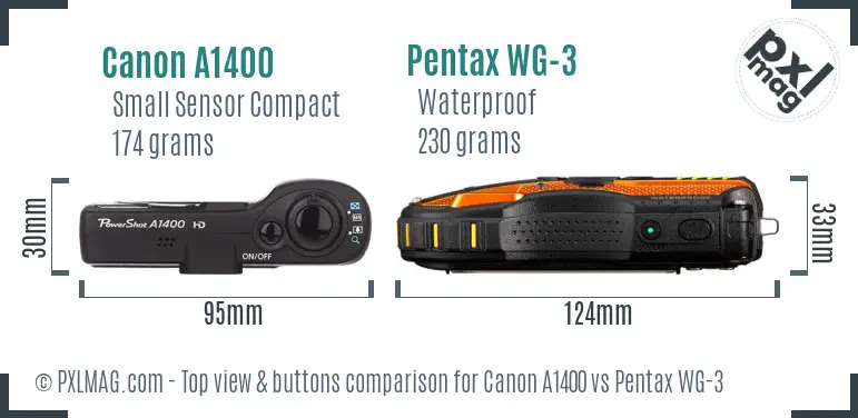 Canon A1400 vs Pentax WG-3 top view buttons comparison