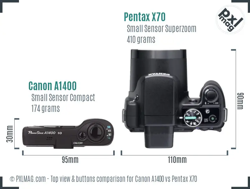 Canon A1400 vs Pentax X70 top view buttons comparison
