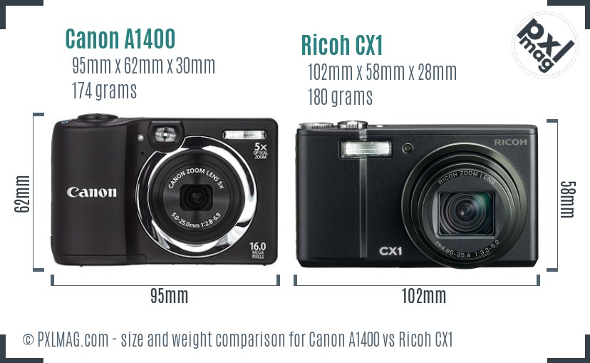 Canon A1400 vs Ricoh CX1 size comparison Canon A1400 vs Ricoh CX1 size comparison