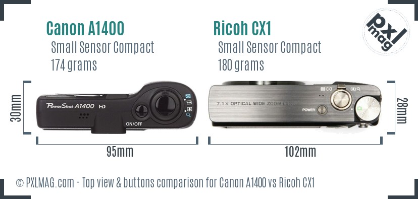 Canon A1400 vs Ricoh CX1 top view buttons comparison