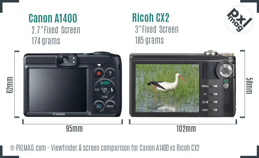 Canon A1400 vs Ricoh CX2 Screen and Viewfinder comparison