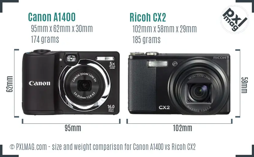 Canon A1400 vs Ricoh CX2 size comparison