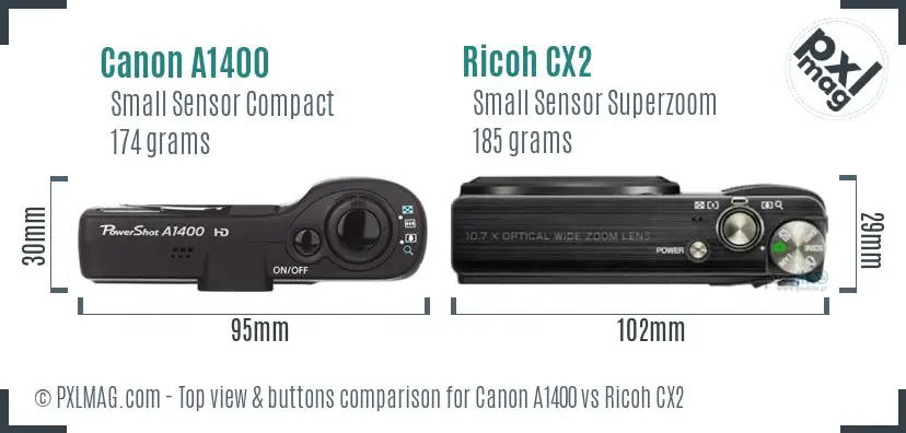 Canon A1400 vs Ricoh CX2 top view buttons comparison