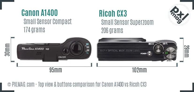 Canon A1400 vs Ricoh CX3 top view buttons comparison Canon A1400 vs Ricoh CX3 top view buttons comparison