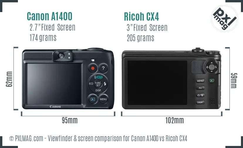 Canon A1400 vs Ricoh CX4 Screen and Viewfinder comparison