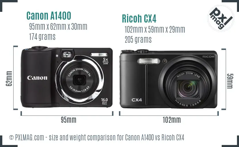 Canon A1400 vs Ricoh CX4 size comparison