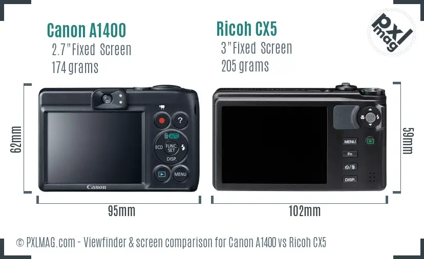 Canon A1400 vs Ricoh CX5 Screen and Viewfinder comparison