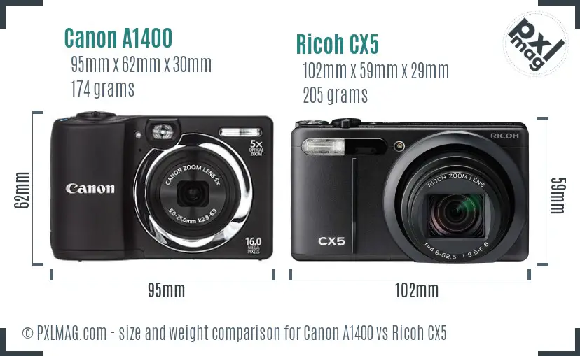 Canon A1400 vs Ricoh CX5 size comparison