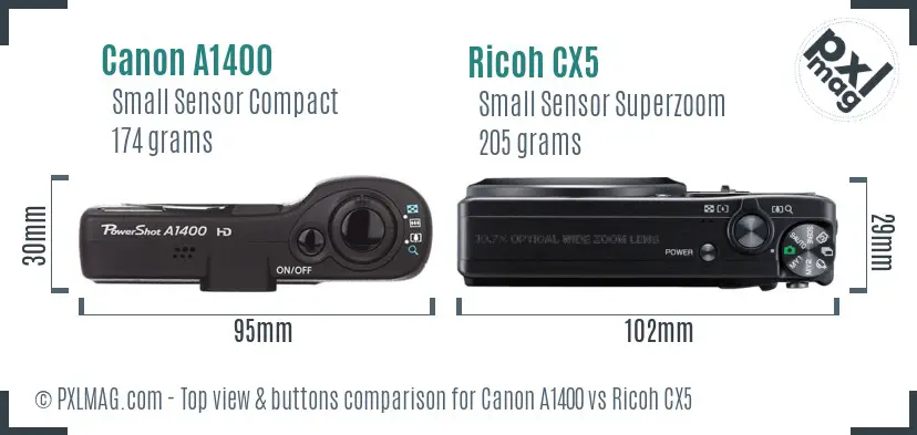 Canon A1400 vs Ricoh CX5 top view buttons comparison