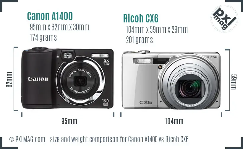Canon A1400 vs Ricoh CX6 size comparison