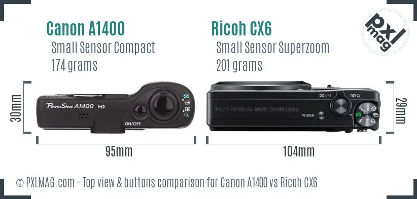 Canon A1400 vs Ricoh CX6 top view buttons comparison