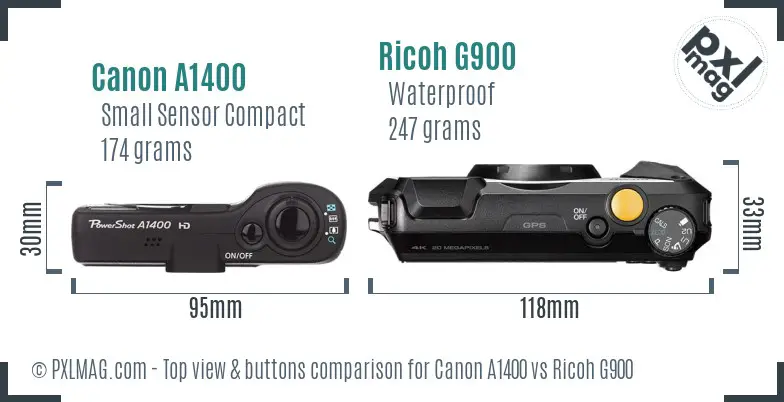 Canon A1400 vs Ricoh G900 top view buttons comparison