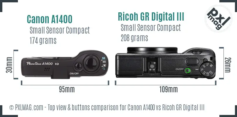 Canon A1400 vs Ricoh GR Digital III top view buttons comparison Canon A1400 vs Ricoh GR Digital III top view buttons comparison