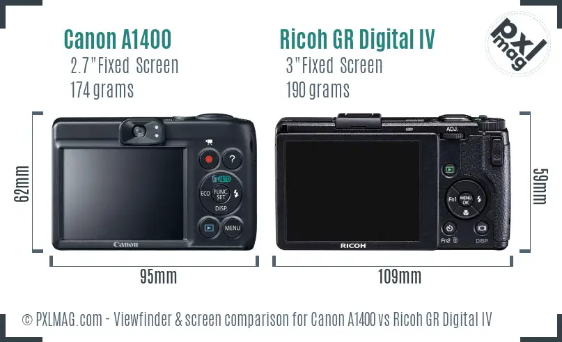 Canon A1400 vs Ricoh GR Digital IV Screen and Viewfinder comparison