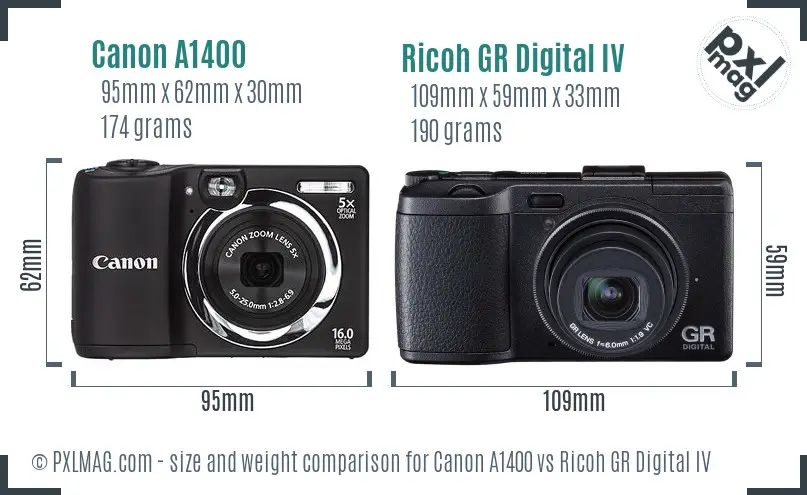 Canon A1400 vs Ricoh GR Digital IV size comparison