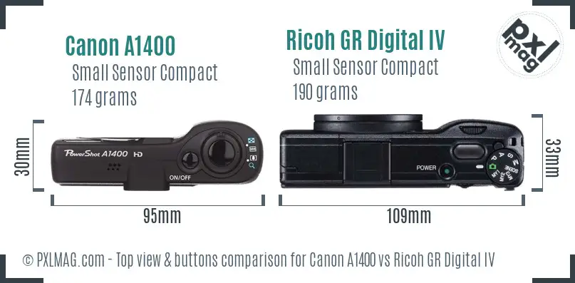 Canon A1400 vs Ricoh GR Digital IV top view buttons comparison