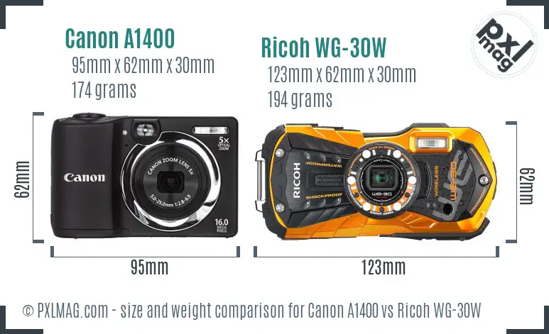 Canon A1400 vs Ricoh WG-30W size comparison Canon A1400 vs Ricoh WG-30W size comparison