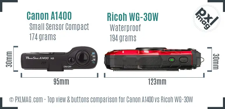 Canon A1400 vs Ricoh WG-30W top view buttons comparison Canon A1400 vs Ricoh WG-30W top view buttons comparison