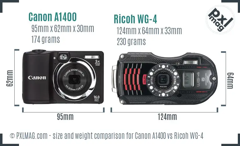 Canon A1400 vs Ricoh WG-4 size comparison