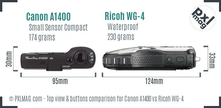 Canon A1400 vs Ricoh WG-4 top view buttons comparison