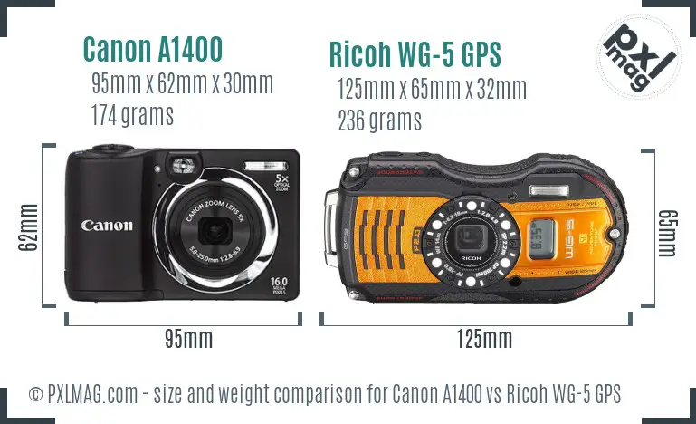 Canon A1400 vs Ricoh WG-5 GPS size comparison
