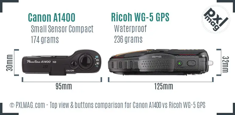 Canon A1400 vs Ricoh WG-5 GPS top view buttons comparison