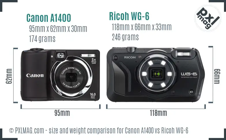 Canon A1400 vs Ricoh WG-6 size comparison