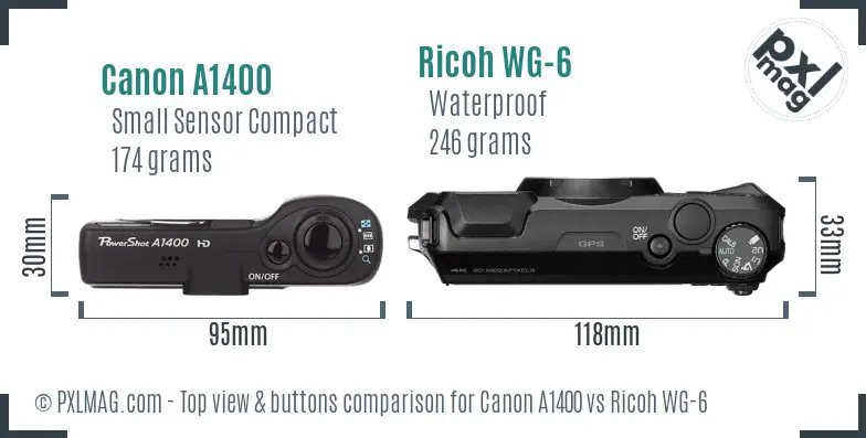 Canon A1400 vs Ricoh WG-6 top view buttons comparison