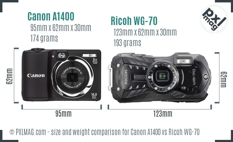 Canon A1400 vs Ricoh WG-70 size comparison