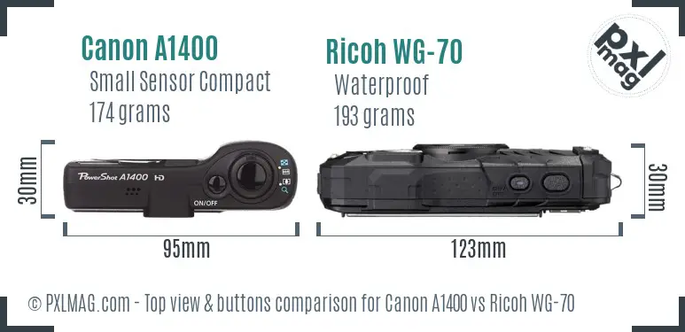 Canon A1400 vs Ricoh WG-70 top view buttons comparison