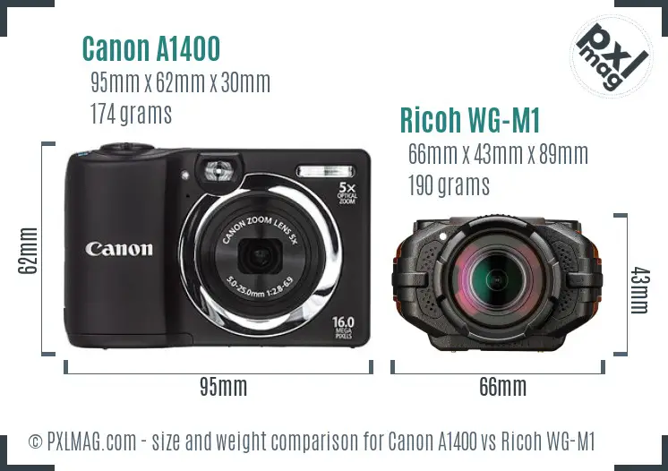 Canon A1400 vs Ricoh WG-M1 size comparison