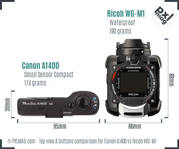 Canon A1400 vs Ricoh WG-M1 top view buttons comparison