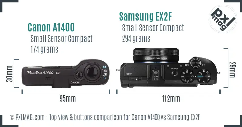 Canon A1400 vs Samsung EX2F top view buttons comparison