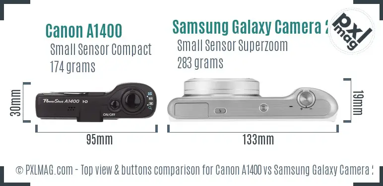 Canon A1400 vs Samsung Galaxy Camera 2 top view buttons comparison