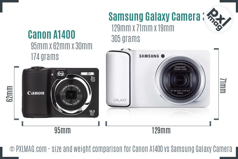 Canon A1400 vs Samsung Galaxy Camera 3G size comparison