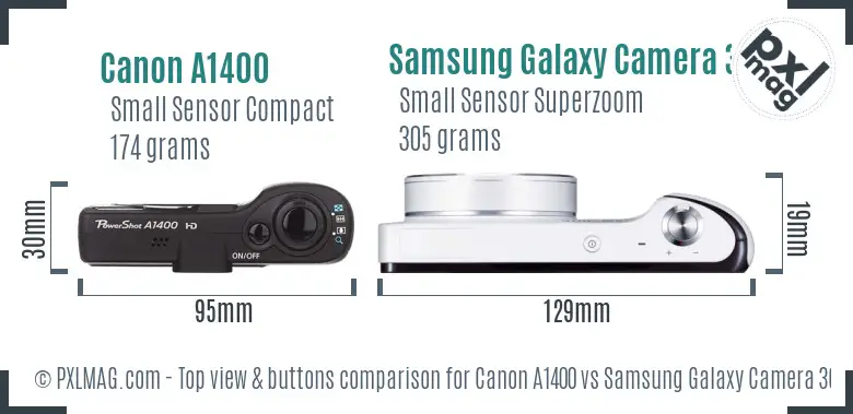 Canon A1400 vs Samsung Galaxy Camera 3G top view buttons comparison