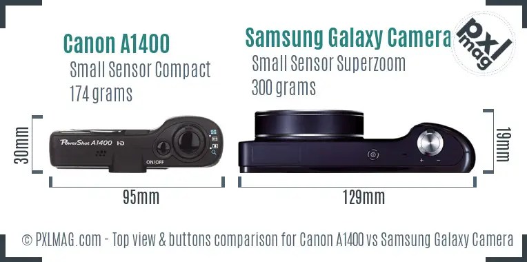 Canon A1400 vs Samsung Galaxy Camera top view buttons comparison