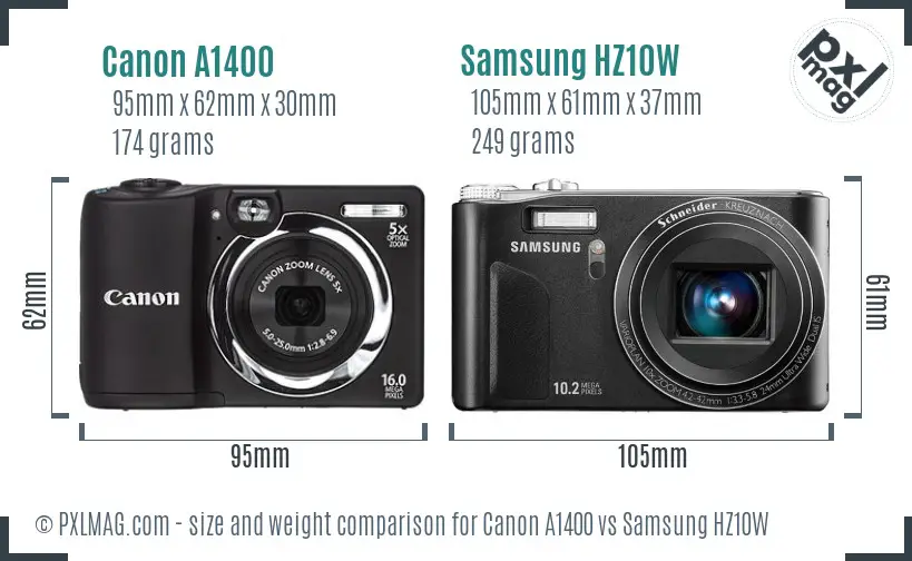 Canon A1400 vs Samsung HZ10W size comparison