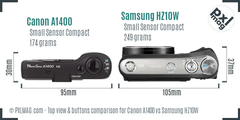 Canon A1400 vs Samsung HZ10W top view buttons comparison