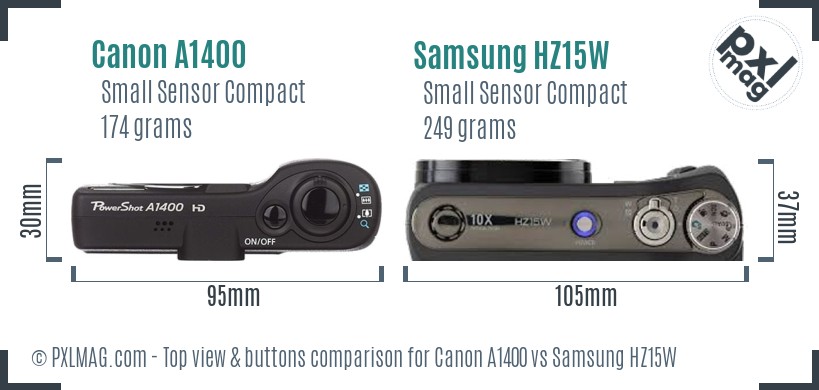 Canon A1400 vs Samsung HZ15W top view buttons comparison