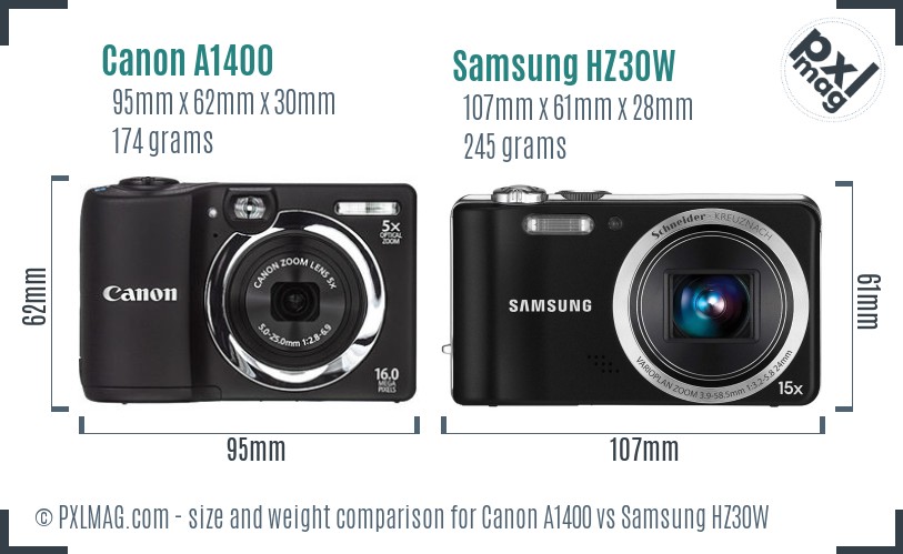 Canon A1400 vs Samsung HZ30W size comparison Canon A1400 vs Samsung HZ30W size comparison