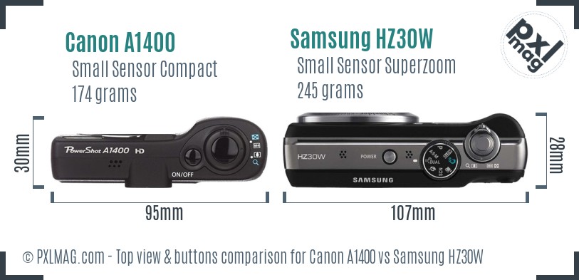 Canon A1400 vs Samsung HZ30W top view buttons comparison