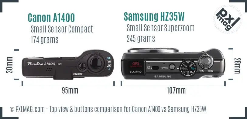 Canon A1400 vs Samsung HZ35W top view buttons comparison