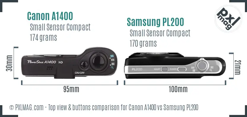 Canon A1400 vs Samsung PL200 top view buttons comparison Canon A1400 vs Samsung PL200 top view buttons comparison