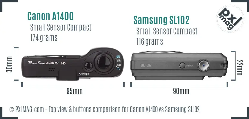 Canon A1400 vs Samsung SL102 top view buttons comparison