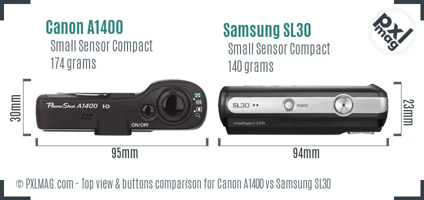 Canon A1400 vs Samsung SL30 top view buttons comparison