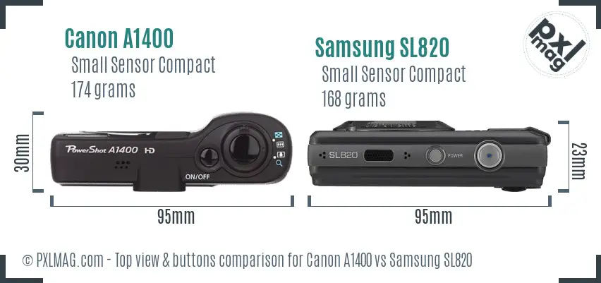Canon A1400 vs Samsung SL820 top view buttons comparison Canon A1400 vs Samsung SL820 top view buttons comparison