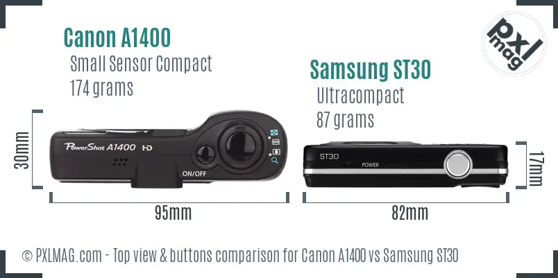 Canon A1400 vs Samsung ST30 top view buttons comparison