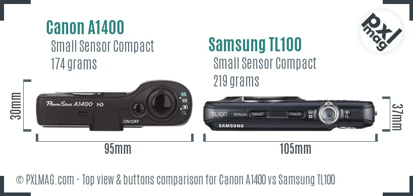 Canon A1400 vs Samsung TL100 top view buttons comparison